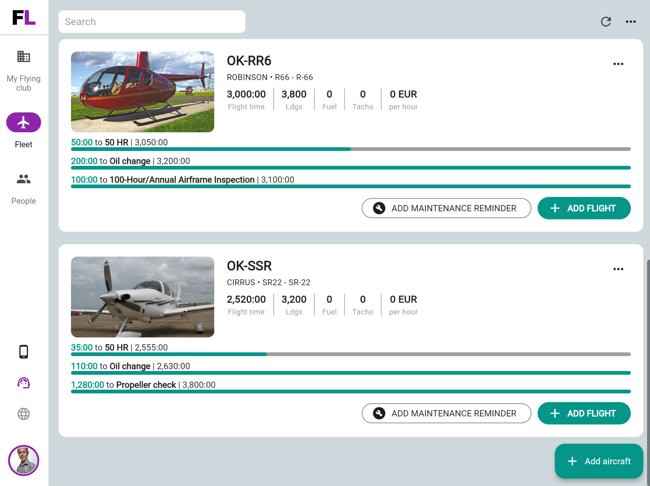 Aircraft fleet in FLYLOG