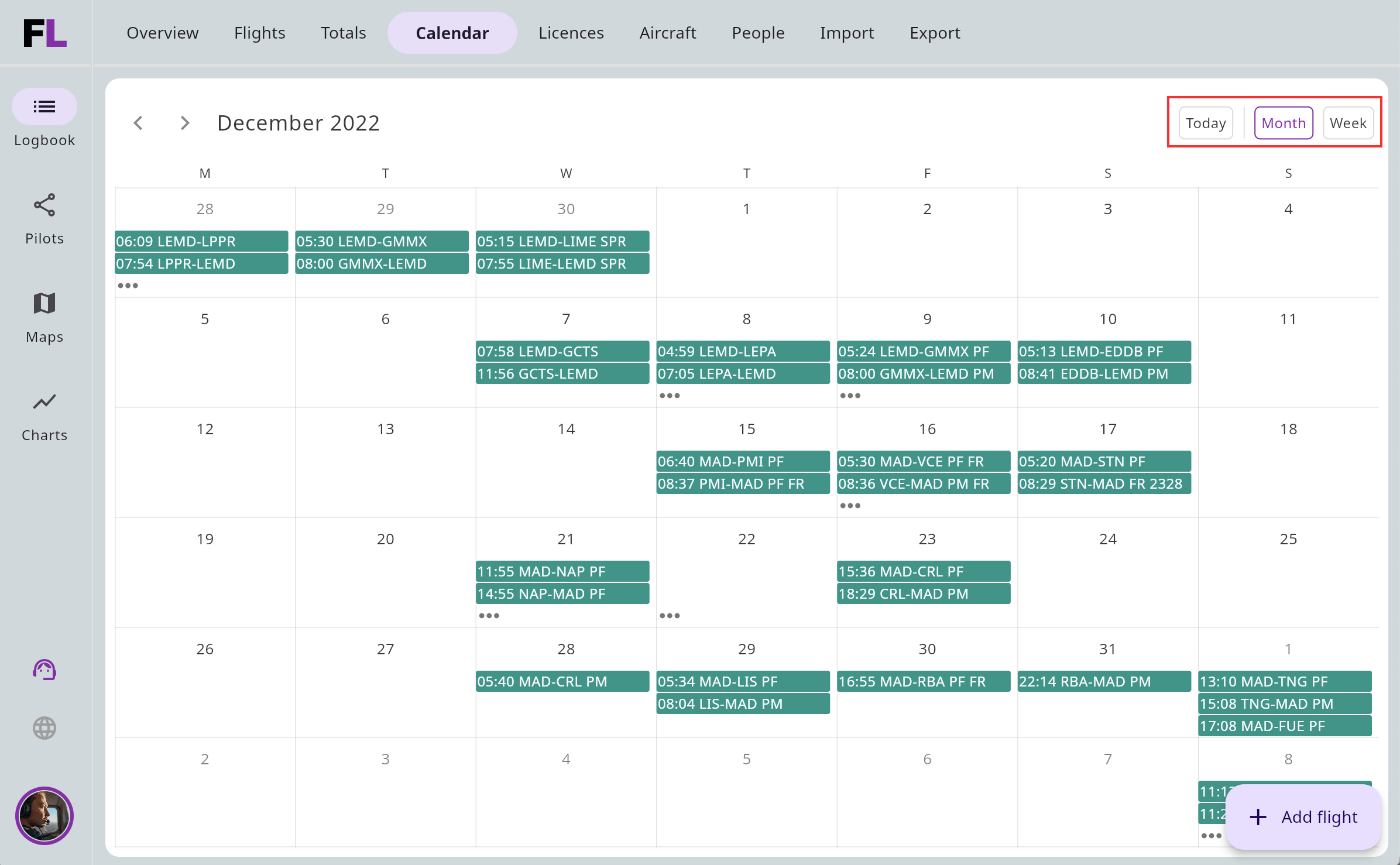 Calendar mode and flight details