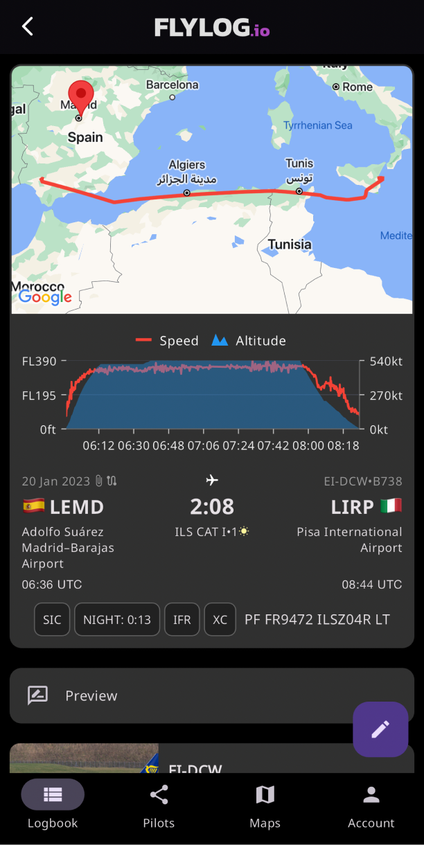 Flight recording in the mobile app